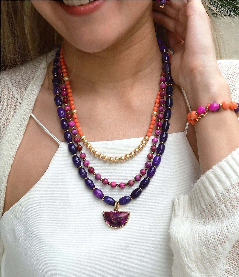 Barse Bordeaux Purple Turquoise and Jade Golden Multi Strand Necklace