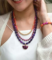 Barse Bordeaux Purple Turquoise and Jade Golden Multi Strand Necklace