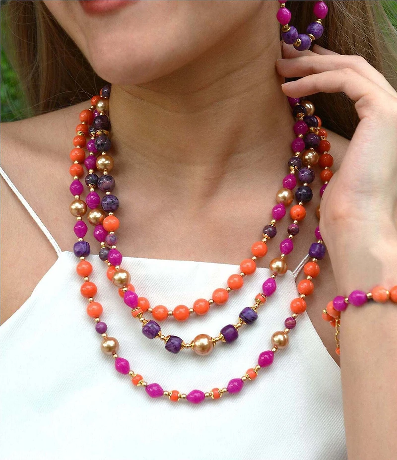 Barse Bordeaux Agate Beaded Golden Multi-Strand Necklace