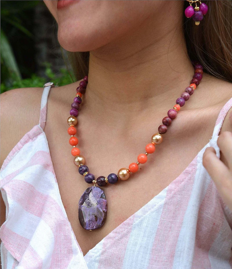 Barse Genuine Stone Bordeaux Short Pendant Necklace