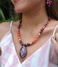 Barse Genuine Stone Bordeaux Short Pendant Necklace