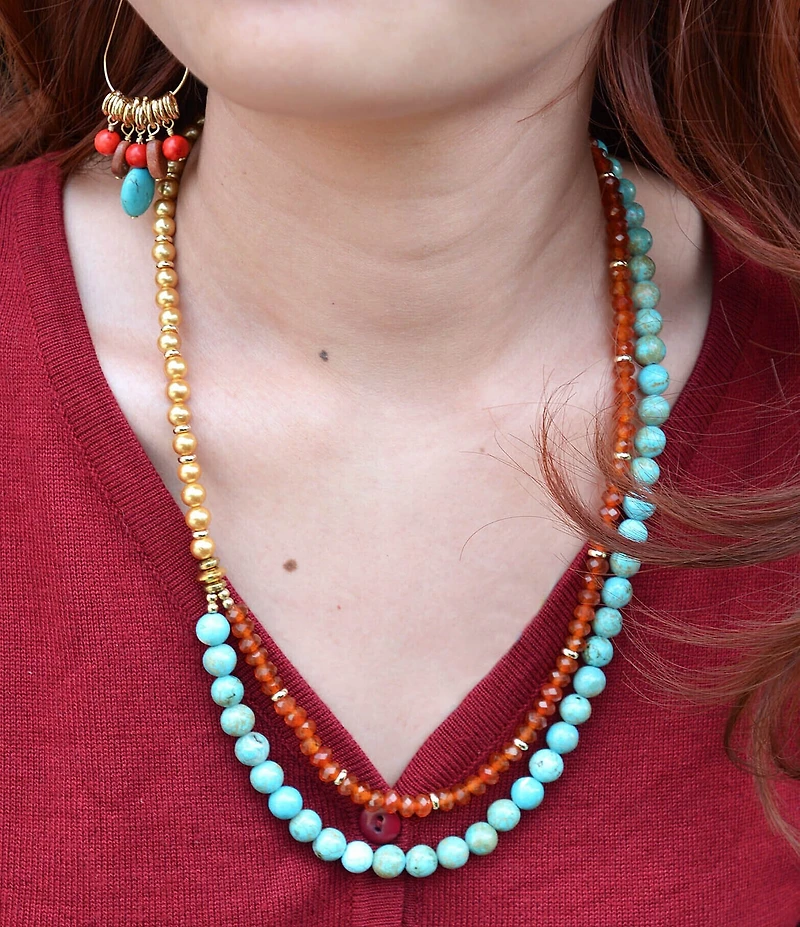 Barse Genuine Stone Copper Junction Beaded Two Row Collar Necklace