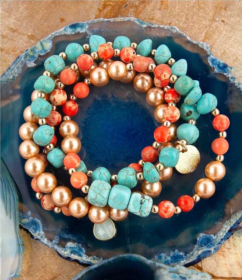 Barse Genuine Stone Copper Junction Multi Strand Stretch Bracelet Set