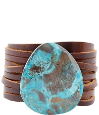Barse Genuine Ocean Agate Stone Leather Snap Back Wrap Bracelet