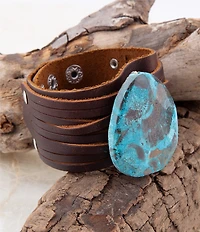Barse Genuine Ocean Agate Stone Leather Snap Back Wrap Bracelet