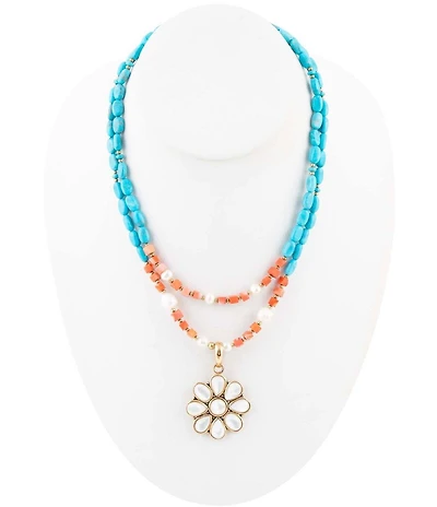 Barse Blue and White Hibiscus Mother of Pearl Pendant and Necklace