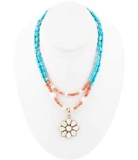 Barse Blue and White Hibiscus Mother of Pearl Pendant and Necklace