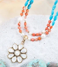 Barse Blue and White Hibiscus Mother of Pearl Pendant and Necklace