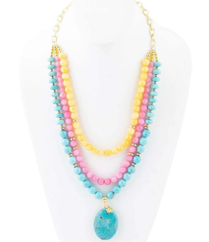 Barse St. Augustine Pink Agate and Blue Turquoise Golden Pendant Necklace