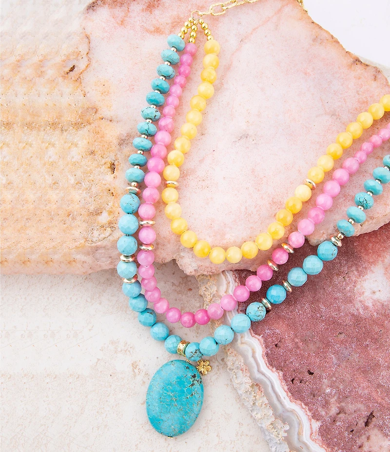 Barse St. Augustine Pink Agate and Blue Turquoise Golden Pendant Necklace