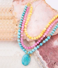 Barse St. Augustine Pink Agate and Blue Turquoise Golden Pendant Necklace