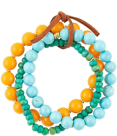 Barse Apricot Blue Teals Triple Golden Beaded Bracelet Set