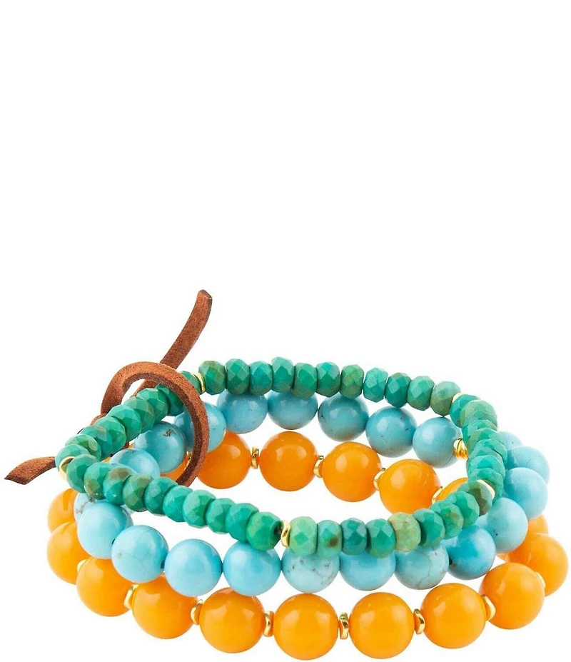 Barse Apricot Blue Teals Triple Golden Beaded Bracelet Set