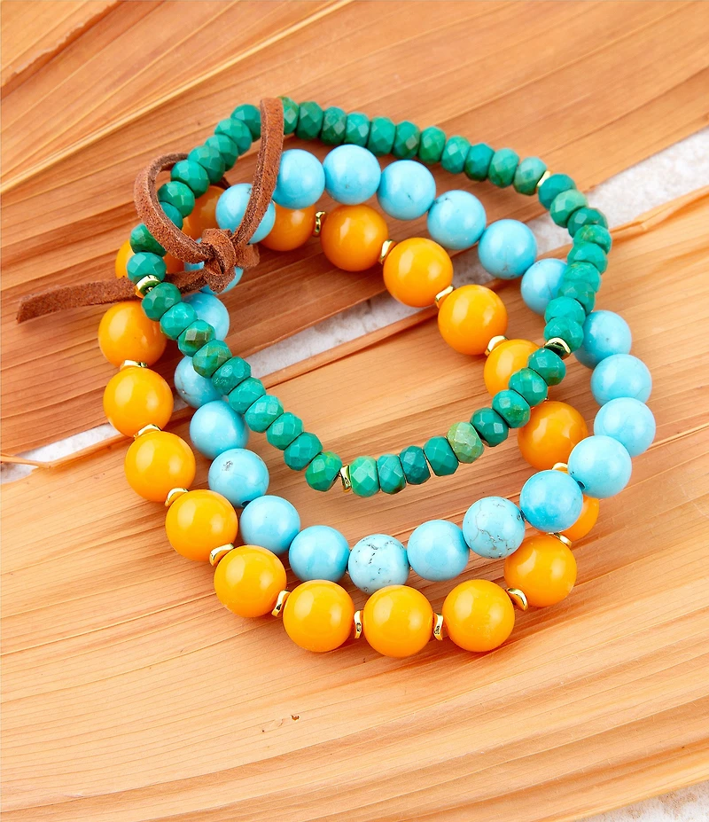 Barse Apricot Blue Teals Triple Golden Beaded Bracelet Set