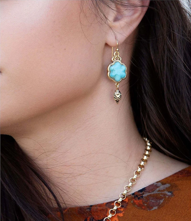 Barse Blue Turquoise Flower Golden Drop Earrings