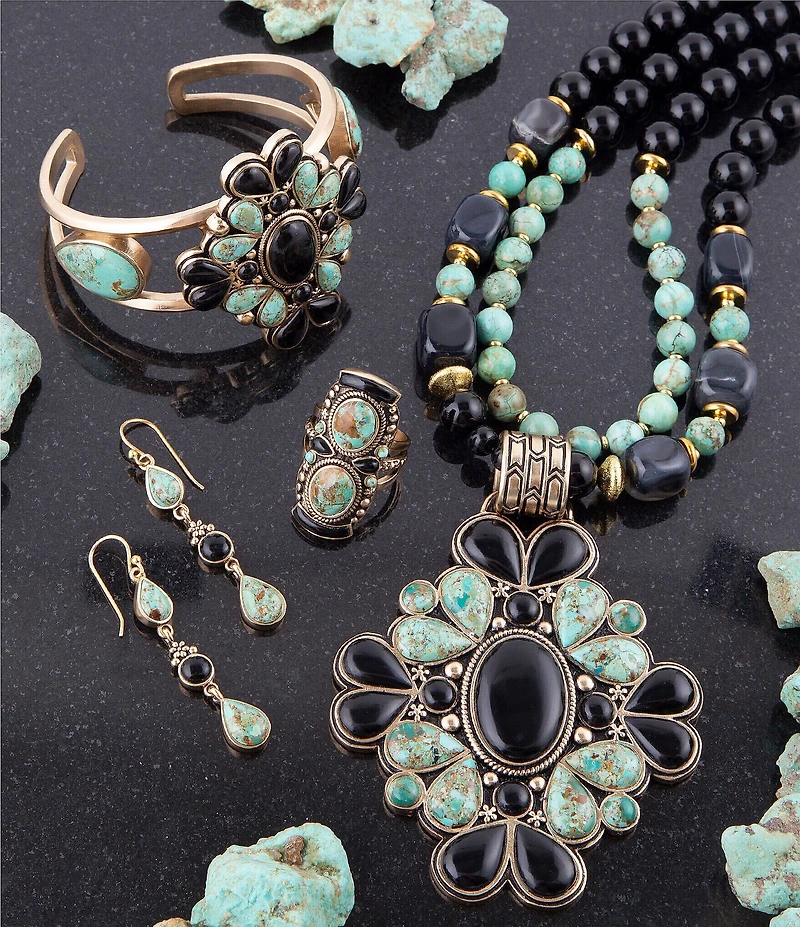 Barse Barcelona Blue Turquoise and Black Onyx Golden Statement Necklace