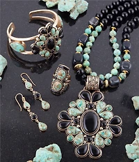 Barse Barcelona Blue Turquoise and Black Onyx Golden Statement Necklace