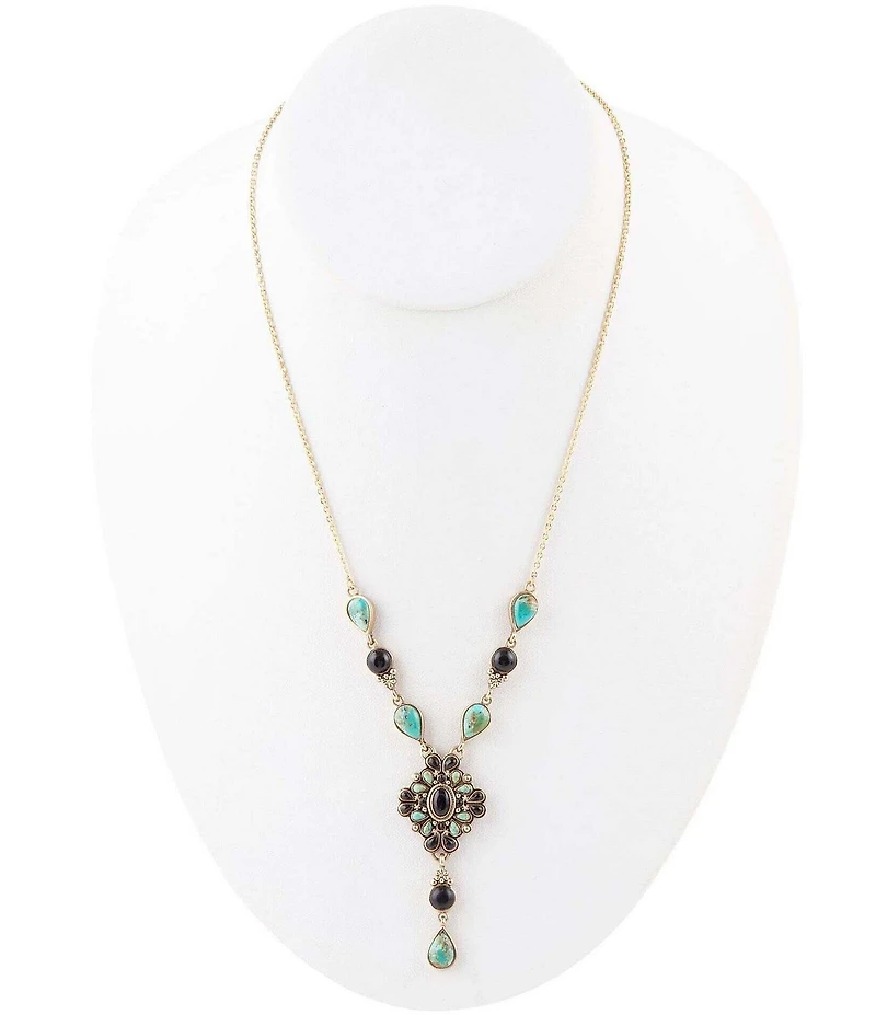 Barse Barcelona Black Onyx and Blue Turquoise Golden Y-Necklace