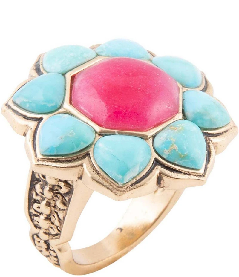 Barse Blue Turquoise and Red Quartz Flower Golden Ring