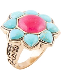 Barse Blue Turquoise and Red Quartz Flower Golden Ring