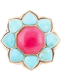 Barse Blue Turquoise and Red Quartz Flower Golden Ring