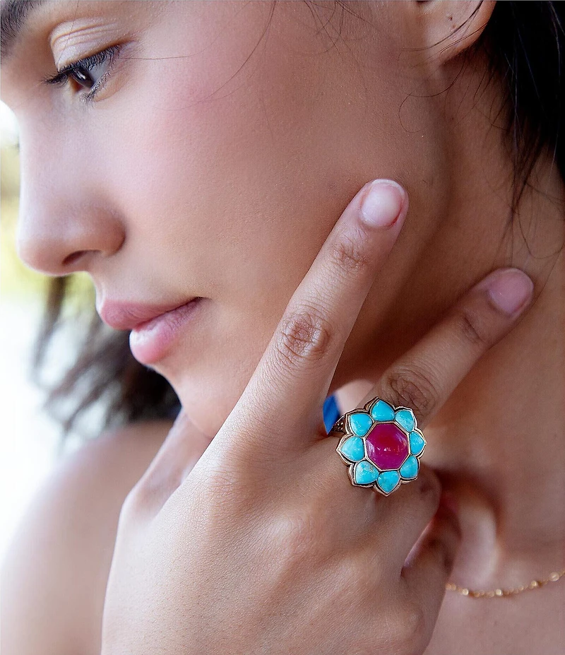Barse Blue Turquoise and Red Quartz Flower Golden Ring