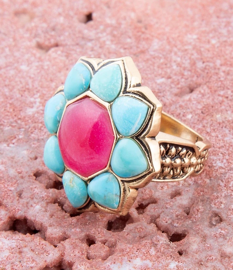 Barse Blue Turquoise and Red Quartz Flower Golden Ring