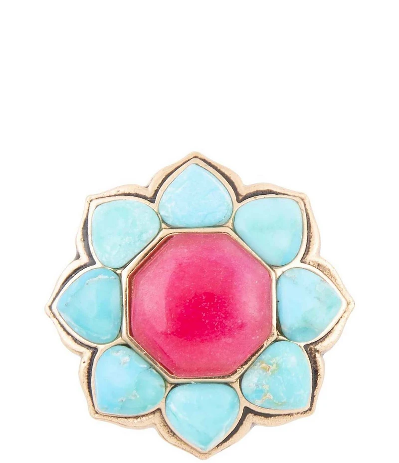Barse Blue Turquoise and Red Quartz Flower Golden Ring