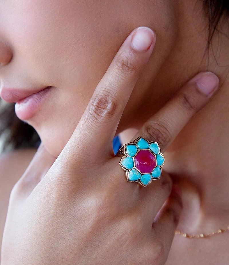Barse Blue Turquoise and Red Quartz Flower Golden Ring
