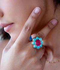 Barse Blue Turquoise and Red Quartz Flower Golden Ring