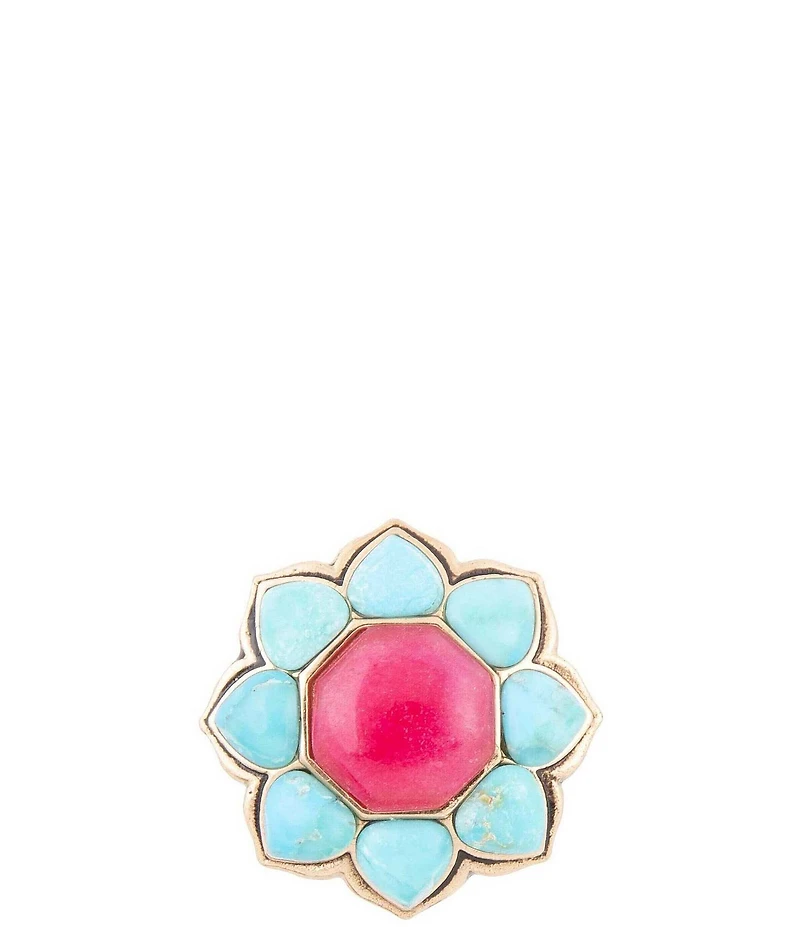Barse Blue Turquoise and Red Quartz Flower Golden Ring