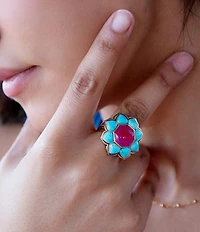 Barse Blue Turquoise and Red Quartz Flower Golden Ring