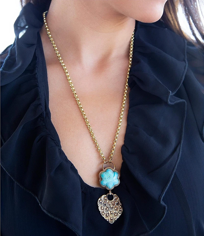 Barse Blue Turquoise Flower Golden Necklace