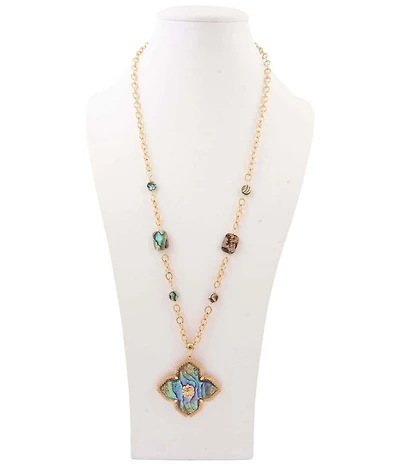 Barse Maltese Golden and Abalone Long Pendant Necklace