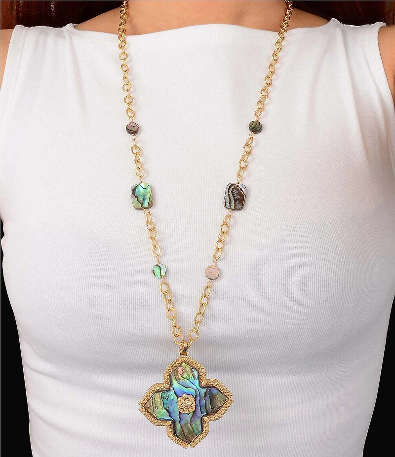 Barse Maltese Golden and Abalone Long Pendant Necklace