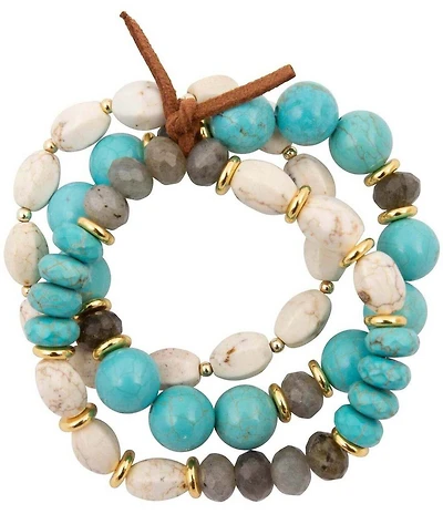 Barse Golden And Genuine Stone Blue Mesa Stretch Bracelet Set