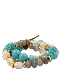 Barse Golden And Genuine Stone Blue Mesa Stretch Bracelet Set