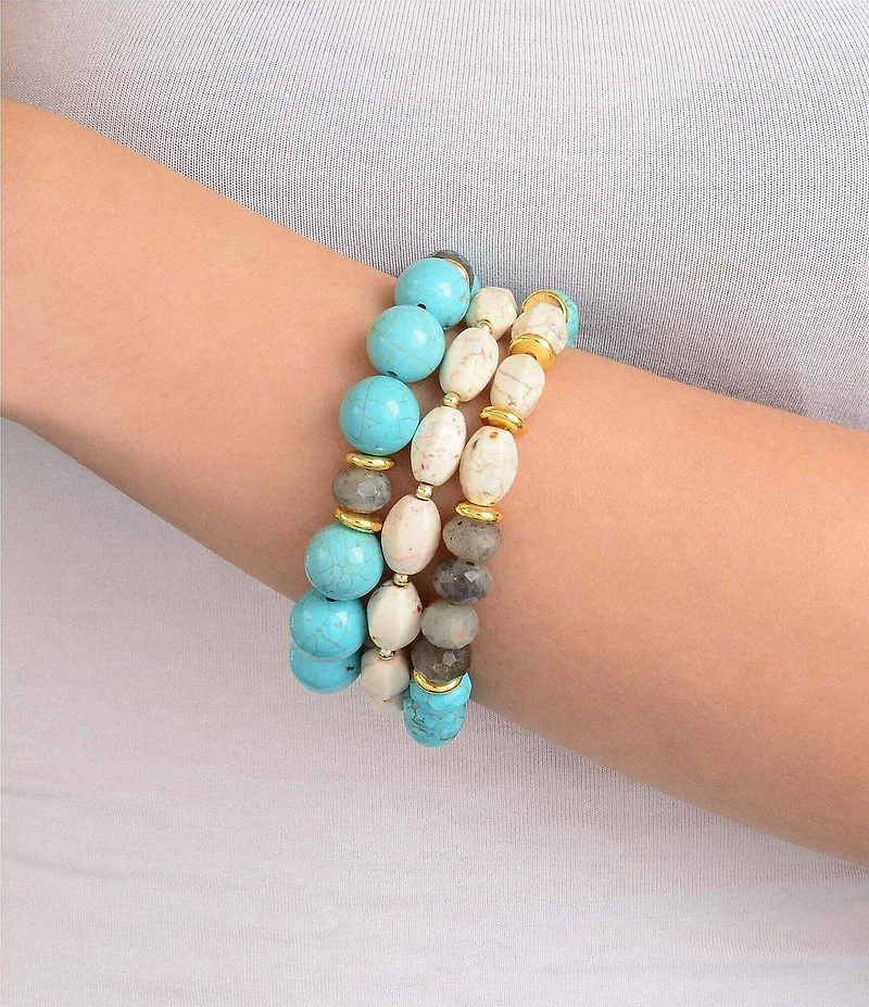 Barse Golden And Genuine Stone Blue Mesa Stretch Bracelet Set