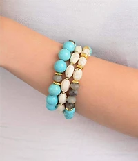 Barse Golden And Genuine Stone Blue Mesa Stretch Bracelet Set
