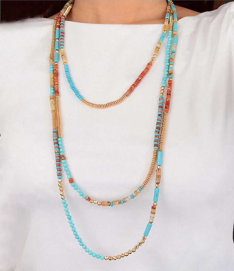 Barse Golden and Genuine Stone Marfa Layered Long Multi Strand Necklace