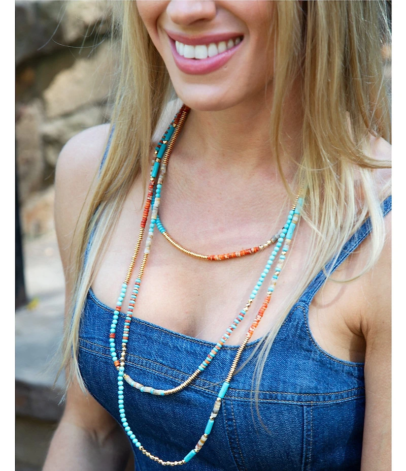 Barse Marfa Golden and Genuine Stone Layered Long Multi Strand Necklace
