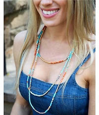Barse Marfa Golden and Genuine Stone Layered Long Multi Strand Necklace