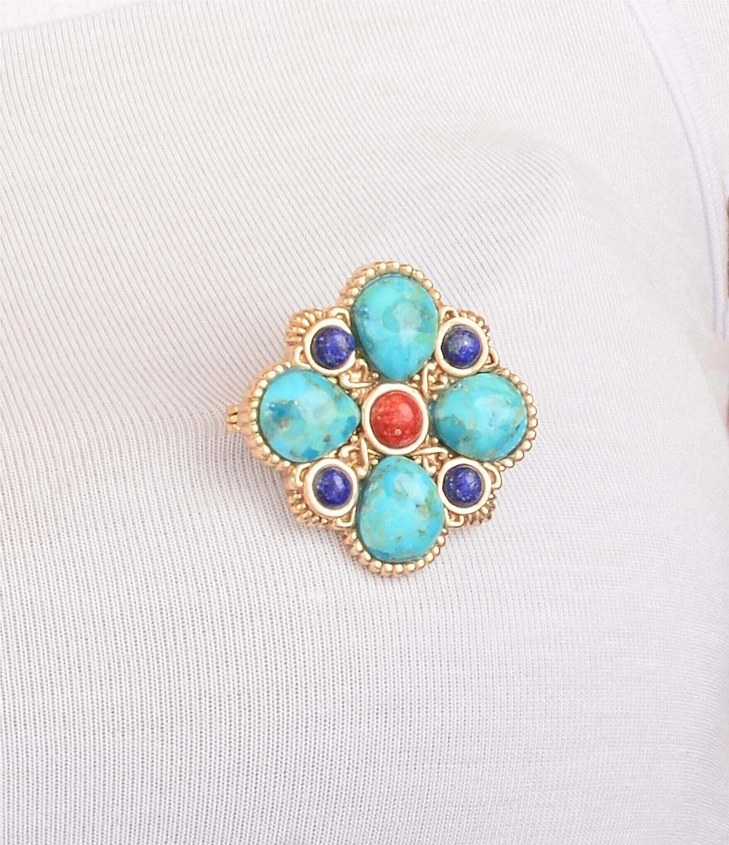 Barse Mosaic Bloom Golden And Genuine Stone Brooch Charm