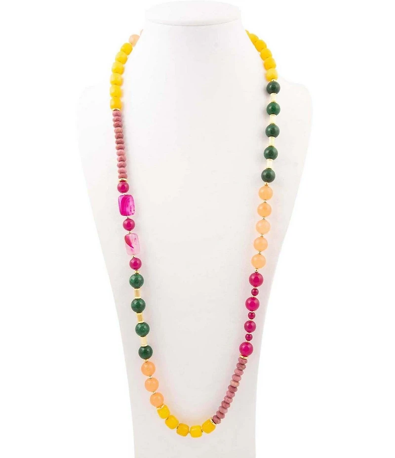Barse Golden and Genuine Stone Rainbow Mist Long Strand Necklace