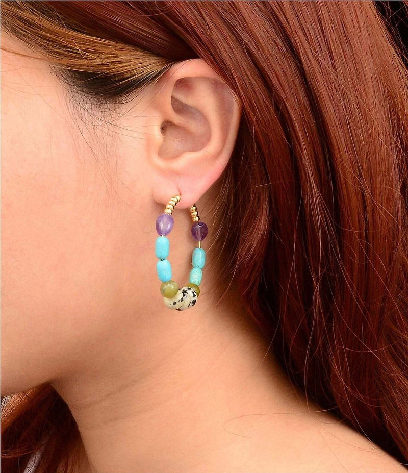 Barse Golden And Genuine Stone Sagebrush Hoop Earrings