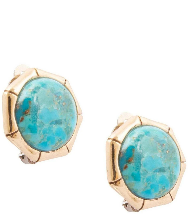 Barse Golden And Genuine Turquoise Bamboo Clip Earrings