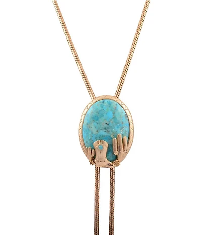 Barse Golden And Genuine Turquoise Cowboy Cactus Bolo Long Pendant Necklace