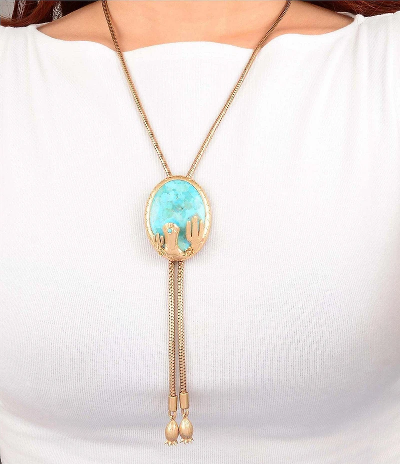 Barse Golden And Genuine Turquoise Cowboy Cactus Bolo Long Pendant Necklace