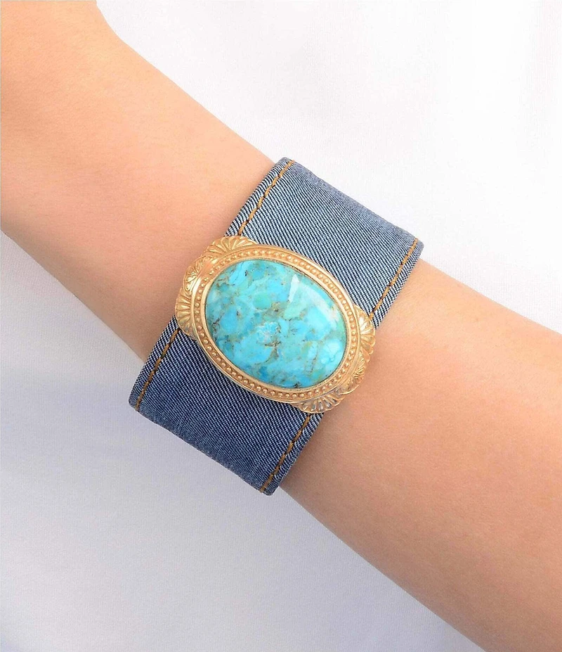 Barse Golden And Genuine Turquoise Desert Sky Denim Cuff Bracelet