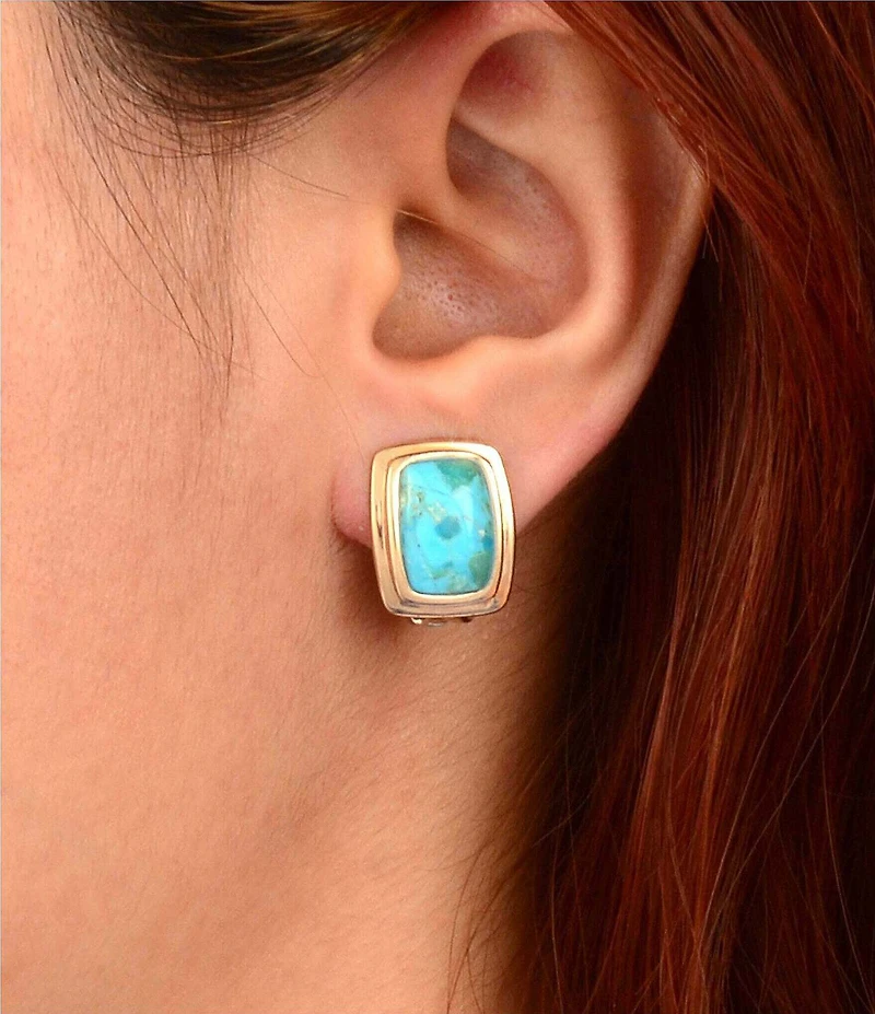 Barse Fiji Isles Golden And Genuine Turquoise Clip Earrings